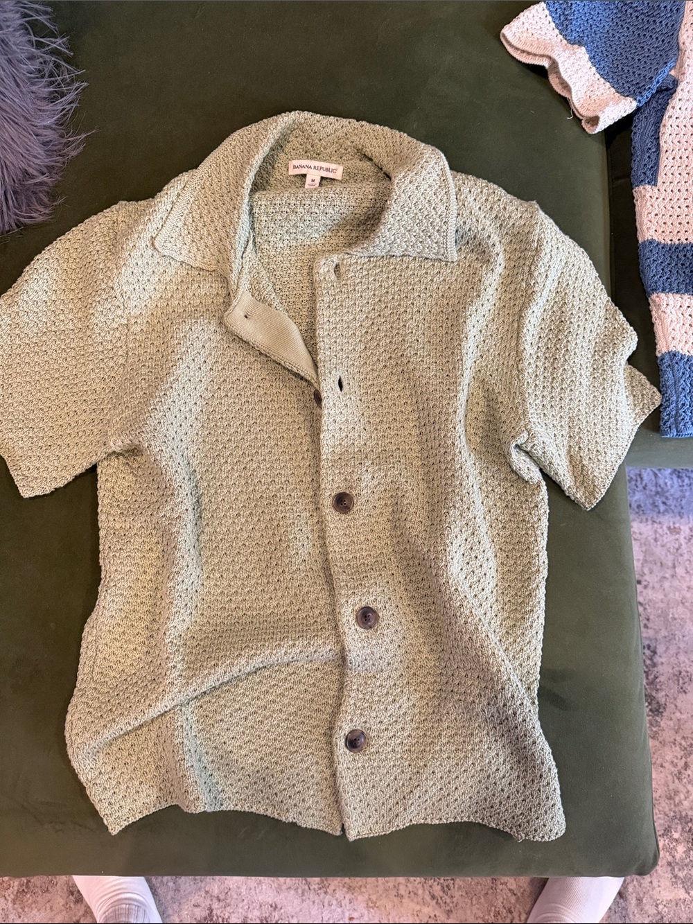 Banana Republic Sage Green Textured Knit Button-Up Top